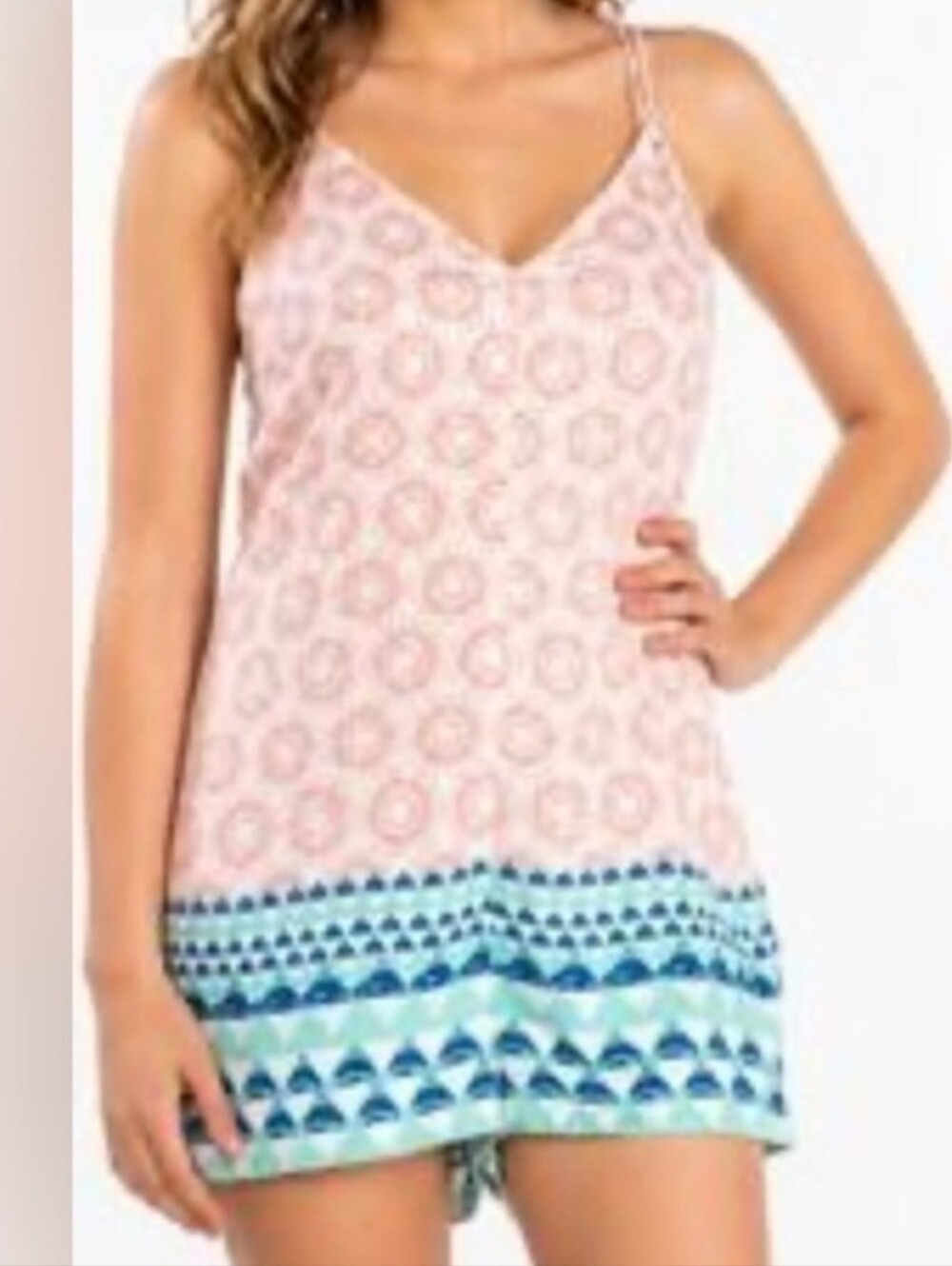 Free People Sophia Geometric Print V Neck Pink/Blue Mini Romper Size L